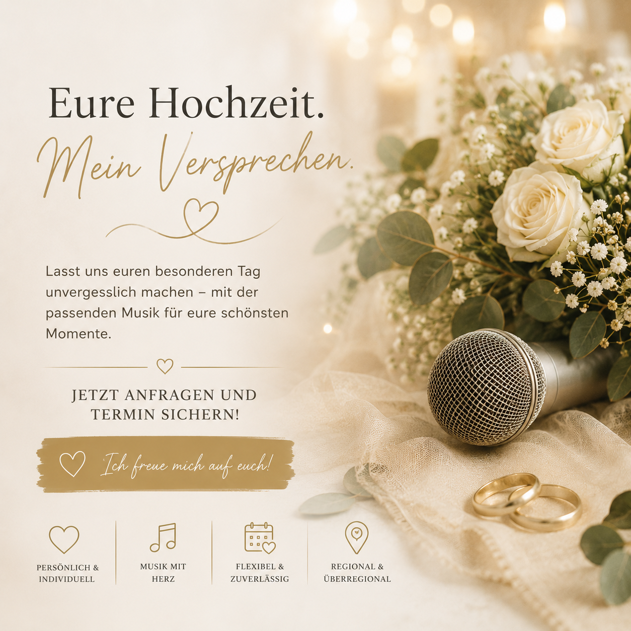 Hochzeitssänger anfragen Elegante Hochzeitsdekoration mit Blumen und Kerzen für eine unverbindliche Anfrage