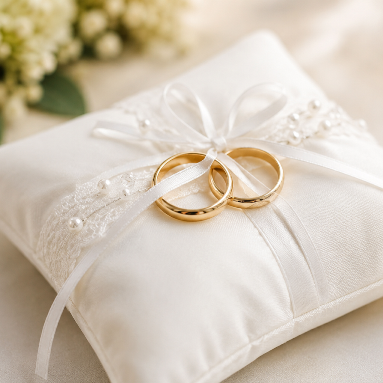 Hochzeit in Dresden Zwei Eheringe auf einem Hochzeitskissen als Symbol für eine Hochzeit in Dresden
